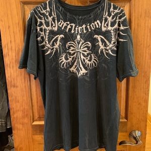 Dark gray/blue affliction with white bone print